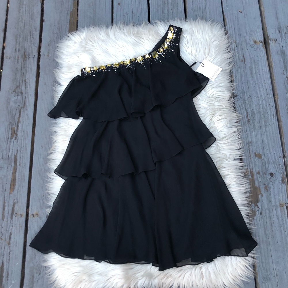 Calvin Klein Rhinestones One Shoulder Ruffled Tiered Black Cocktail Mini Dress 4